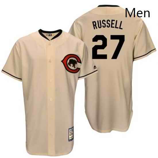 Mens Majestic Chicago Cubs 27 Addison Russell Authentic Cream Cooperstown Throwback MLB Jersey